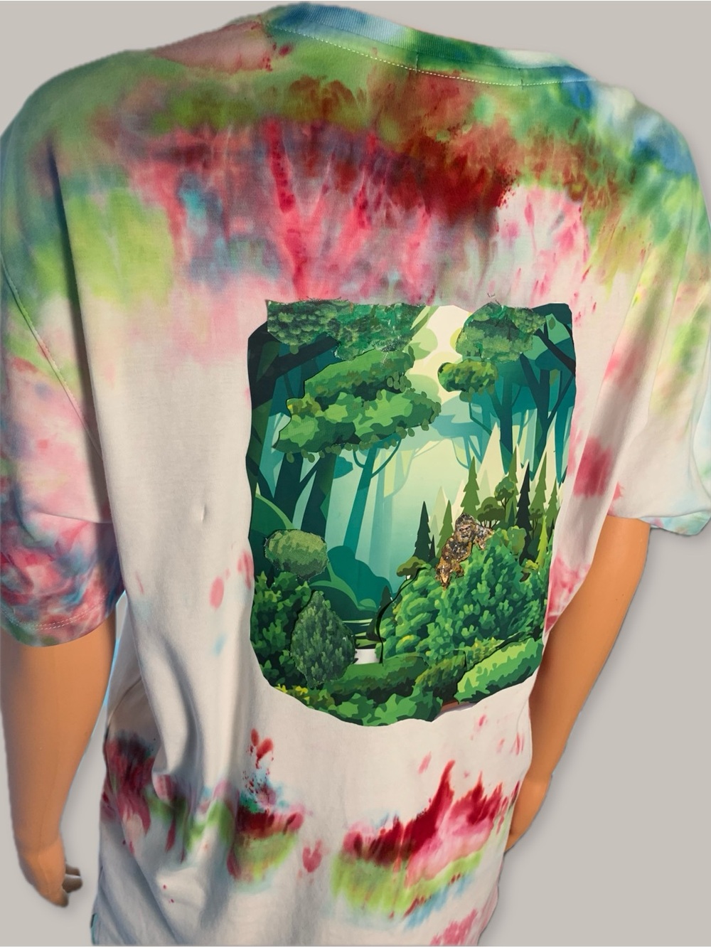 Upcycled Forest Graphic Tie-Dye Short Sleeve Tee - White/Green/Pink/Bigfoot